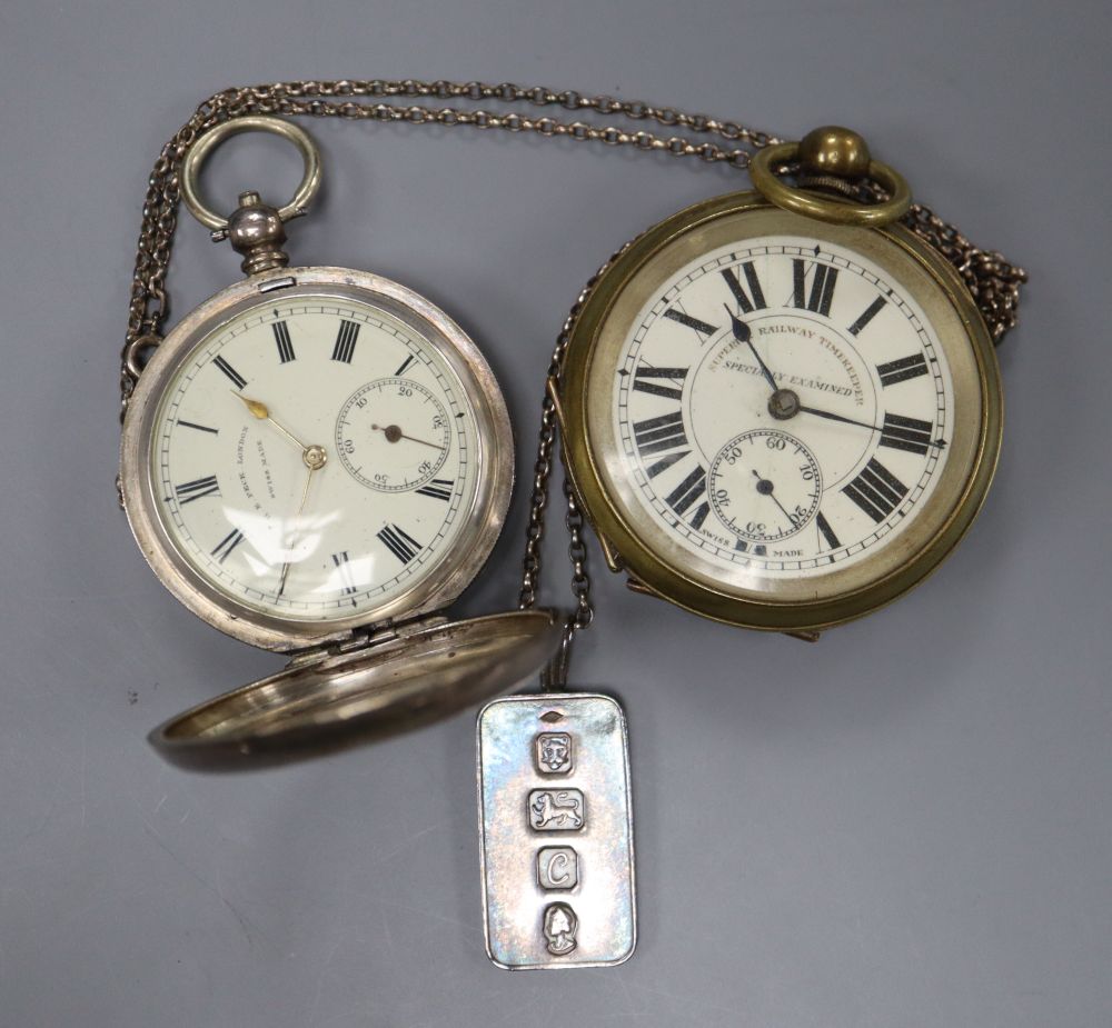 A brass Railway Timekeeper pocket watch, a 935 pocket watch and a silver ingot pendant.